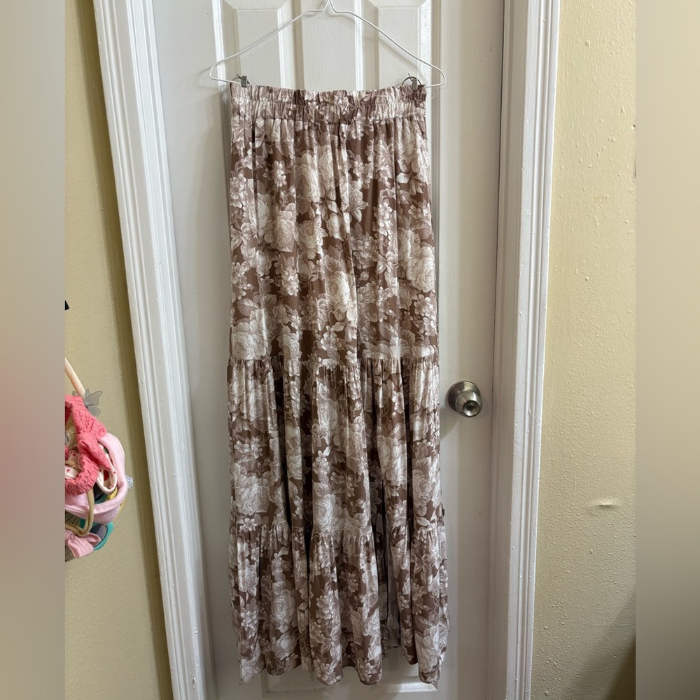 Altar'd State Brown & Cream Floral Tiered Maxi Skirt